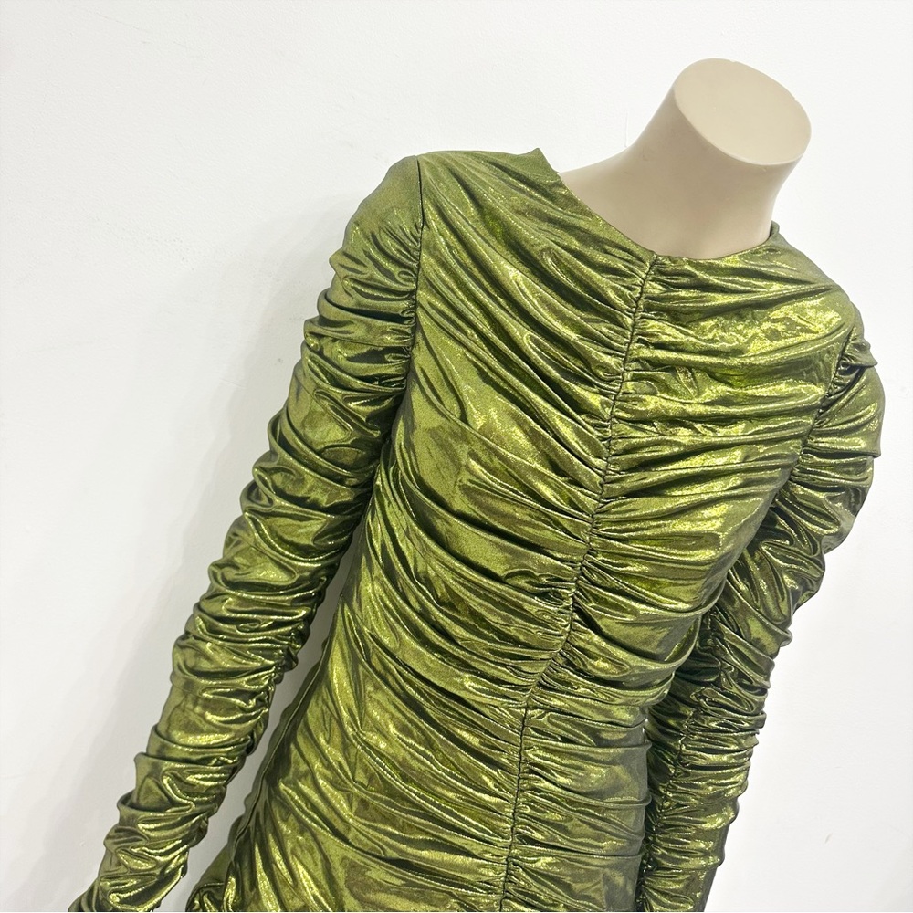 Liquid green ruched ELLE VOLVE fitted dress with long sleeves. Size S. - Picture 5 of 10